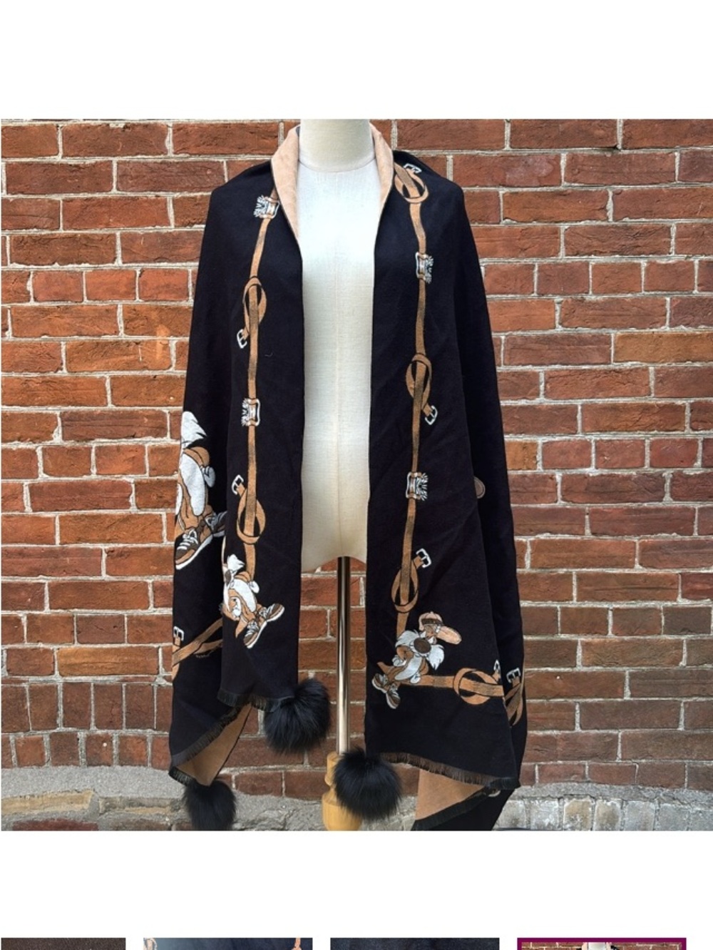 Moschino Black Scarf with Gold & White Cartoon Print